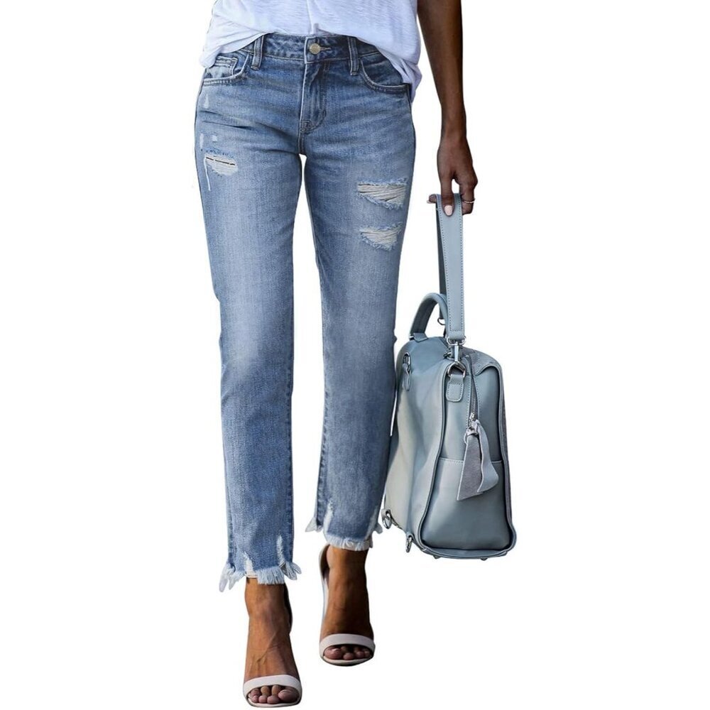 Women's High Waisted Ripped Stretch Denim Straight Ankle Jeans for Casual Wear